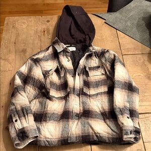 Kids Zara Black and Cream Plaid Hooded Jacket